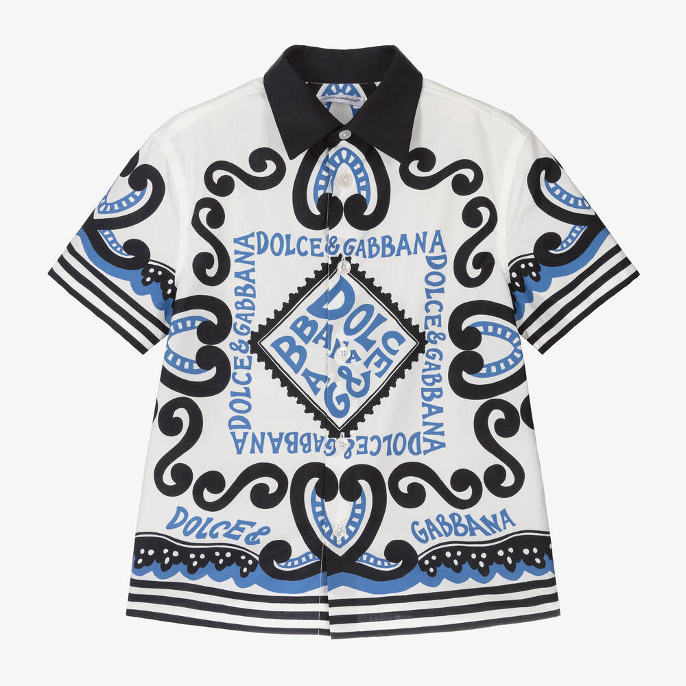 Dolce & Gabbana - قميص قطن بوبلين لون أبيض وأزرق للأولاد | Childrensalon