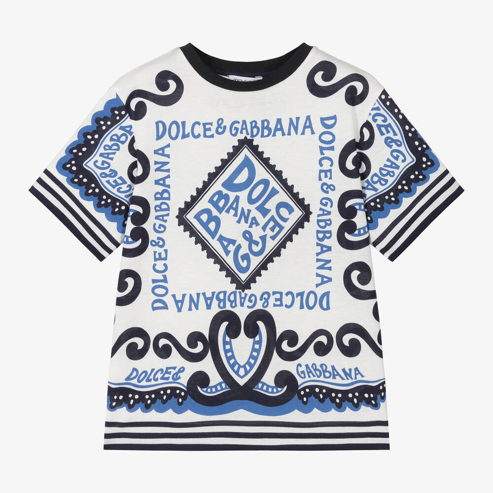 Dolce & Gabbana - تيشيرت قطن لون أبيض وأزرق للأولاد | Childrensalon