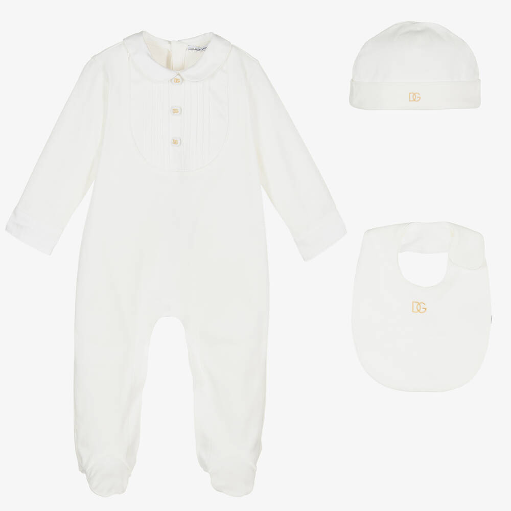 Dolce & Gabbana - طقم هدية أفرول قطن لون أبيض للمواليد | Childrensalon