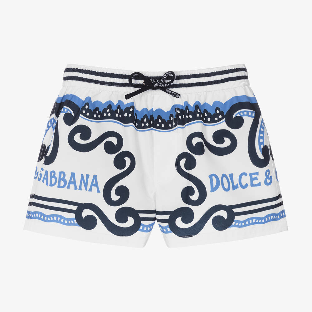 Dolce & Gabbana - شورت سباحة لون أبيض وأزرق للأولاد | Childrensalon