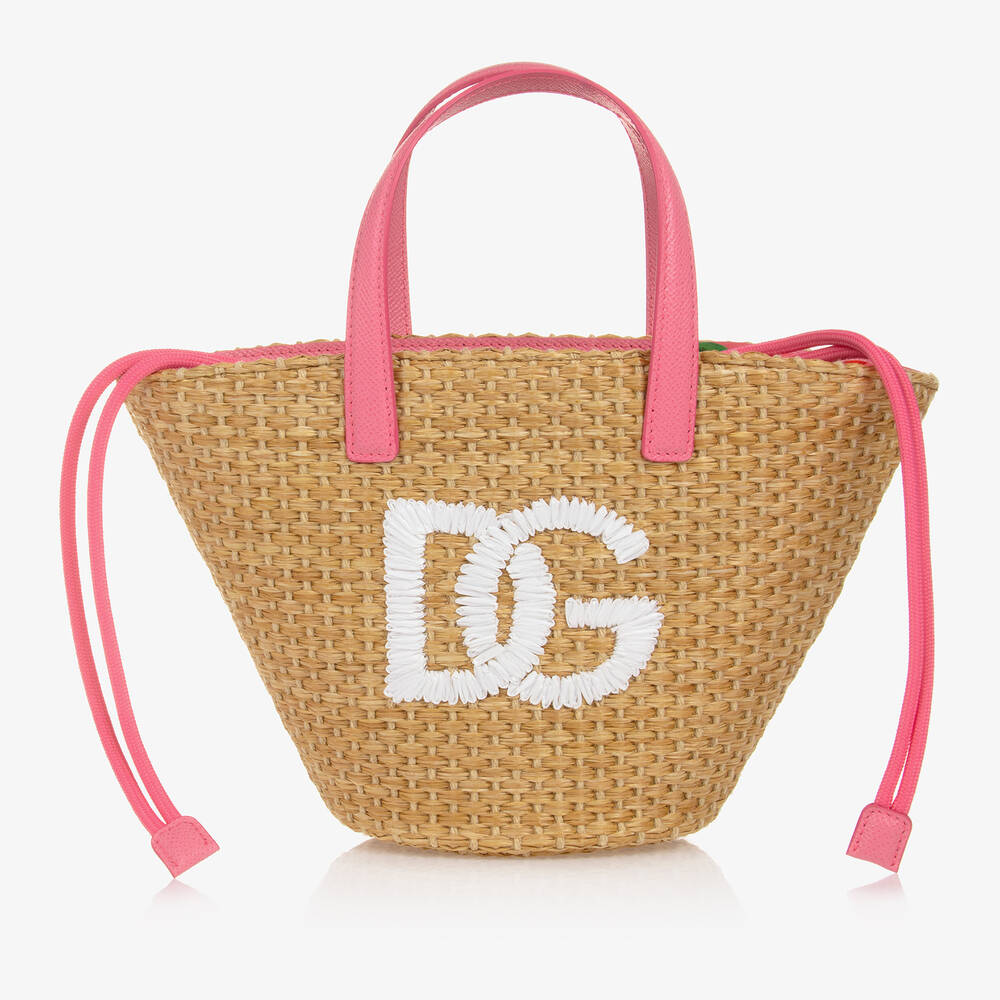 Shop Dolce & Gabbana Girls Beige Dg Straw Handbag (30cm)