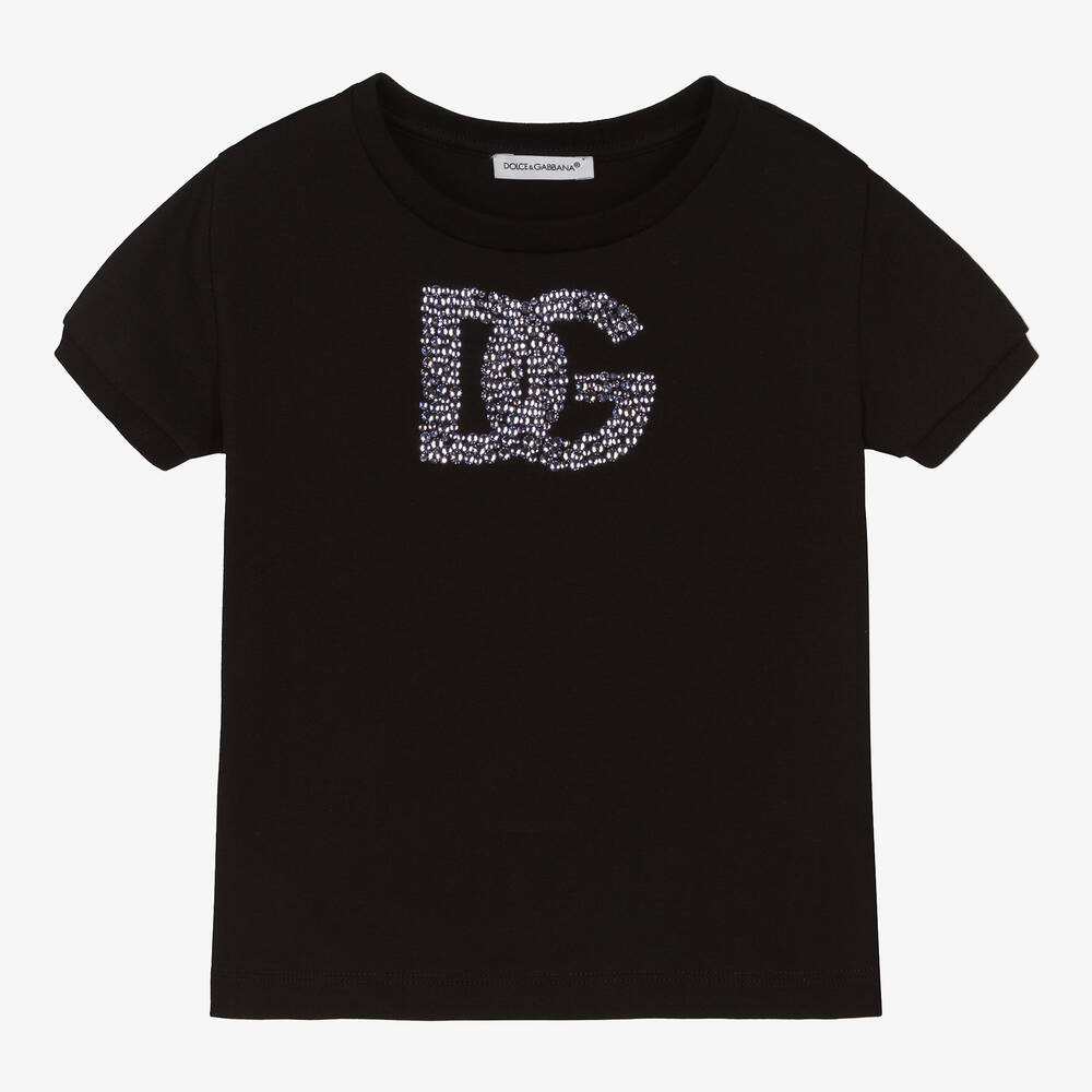 Dolce & Gabbana - تيشيرت قطن لون أسود مزين بكريستال للبنات | Childrensalon