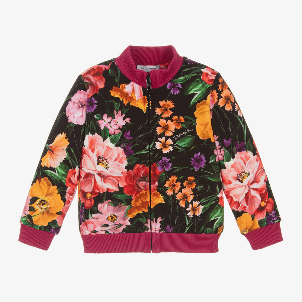 Dolce & Gabbana - Girls Black Cotton Floral Zip-Up Top | Childrensalon