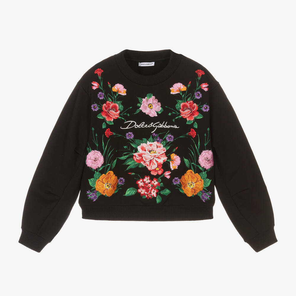 Dolce & Gabbana - Girls Black Embroidered Floral Cotton Sweatshirt | Childrensalon