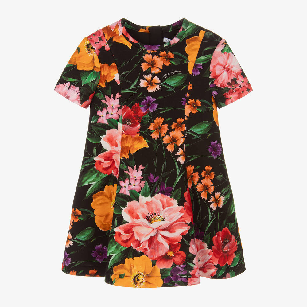 Dolce & Gabbana - Girls Black Floral Cotton Jersey Dress | Childrensalon