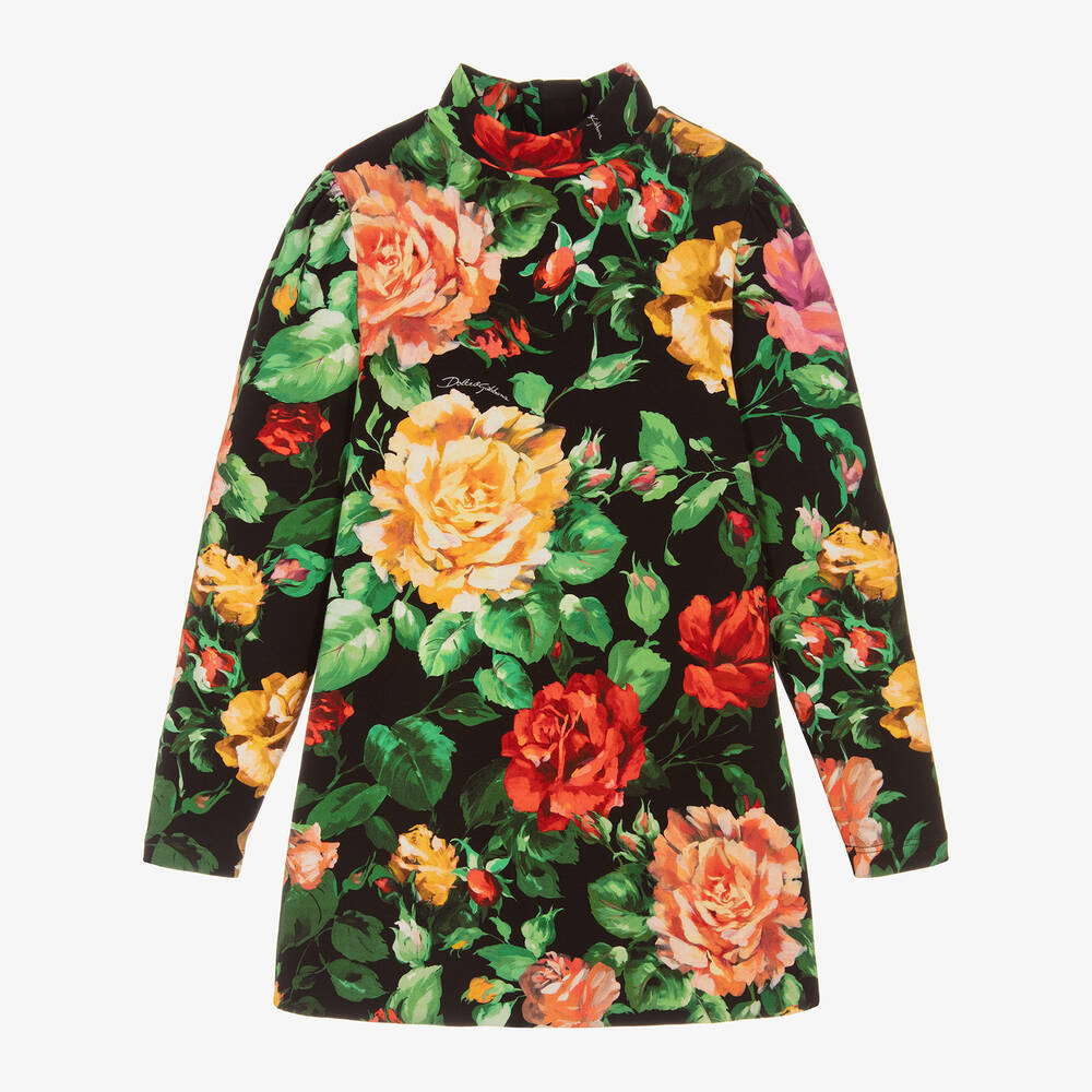 Dolce & Gabbana - Girls Black Floral Cotton Jersey Dress | Childrensalon