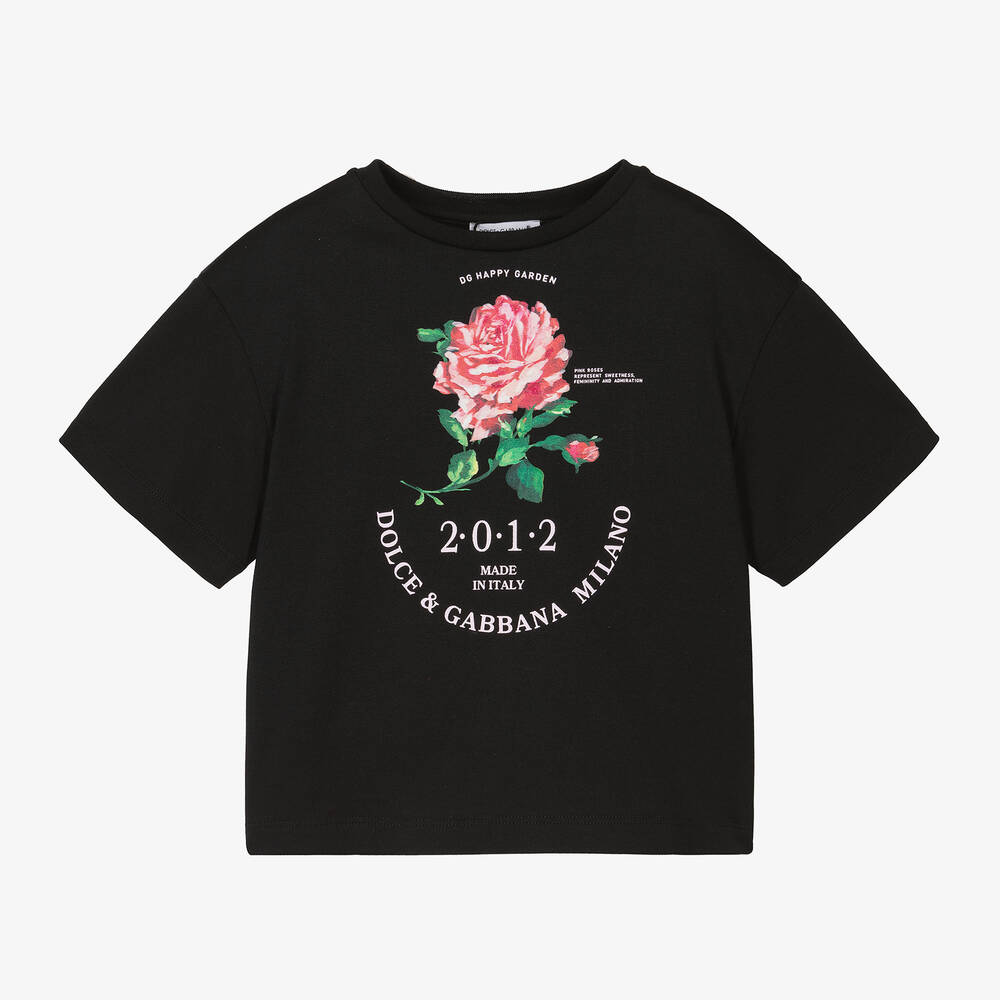 Dolce & Gabbana - Girls Black Floral Cotton T-Shirt | Childrensalon