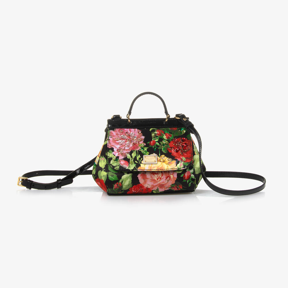 Dolce & Gabbana - Girls Black Floral Print Handbag (14cm) | Childrensalon