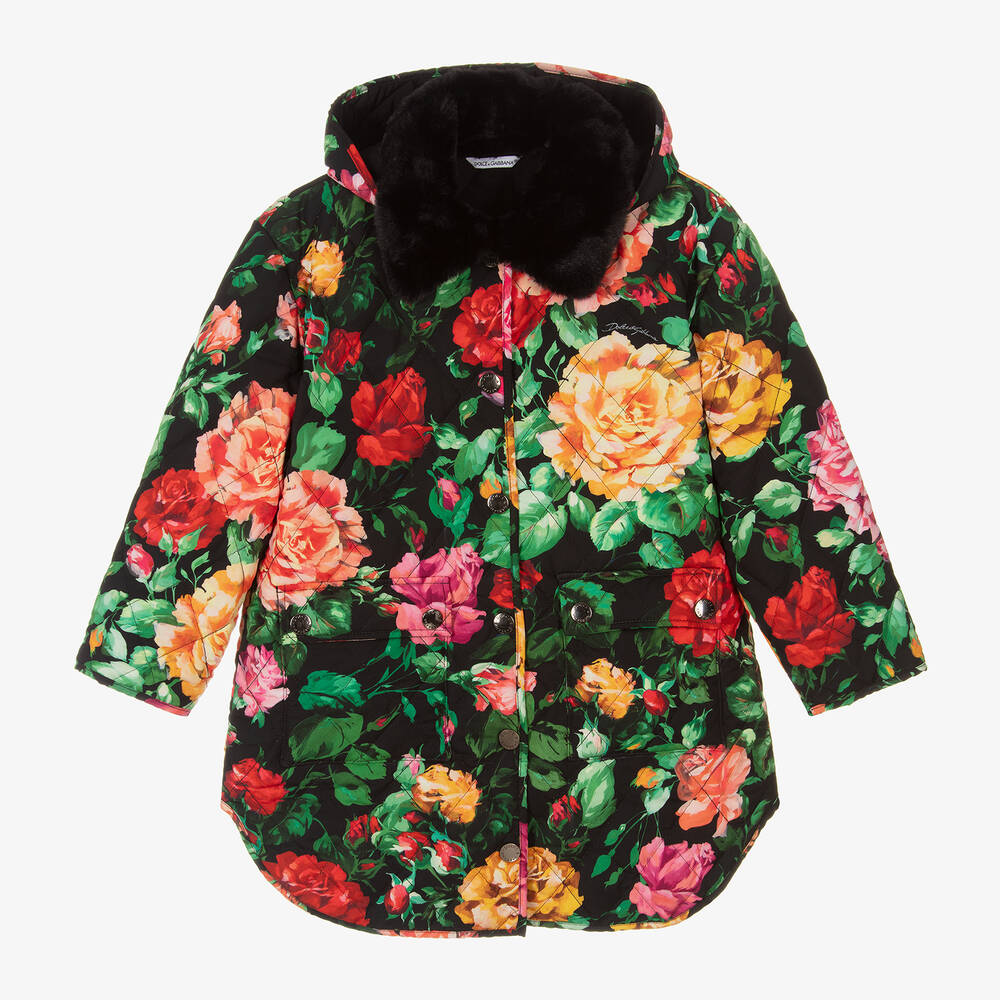 Dolce & Gabbana - Girls Black Floral Quilted Coat | Childrensalon