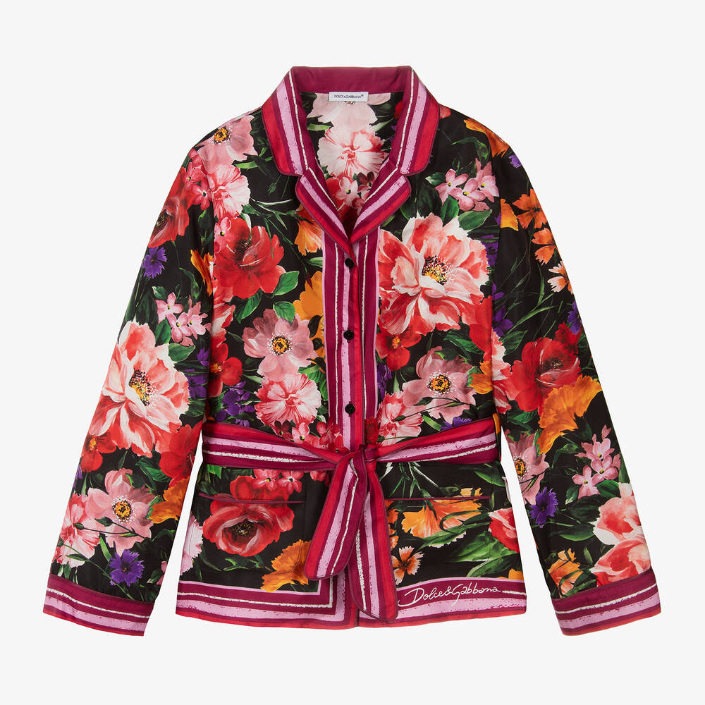 Dolce & Gabbana - Girls Black & Pink Floral Silk Blouse | Childrensalon