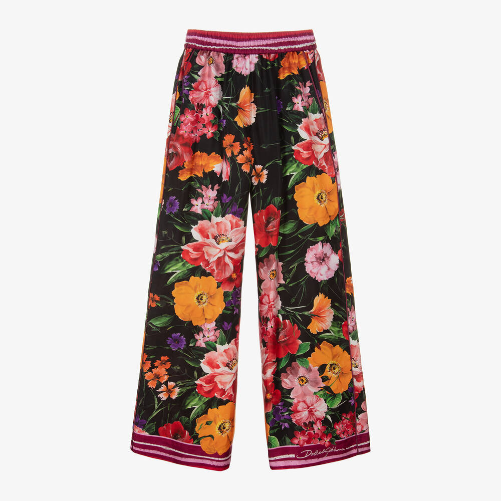 Dolce & Gabbana - Girls Black & Pink Floral Silk Trousers | Childrensalon