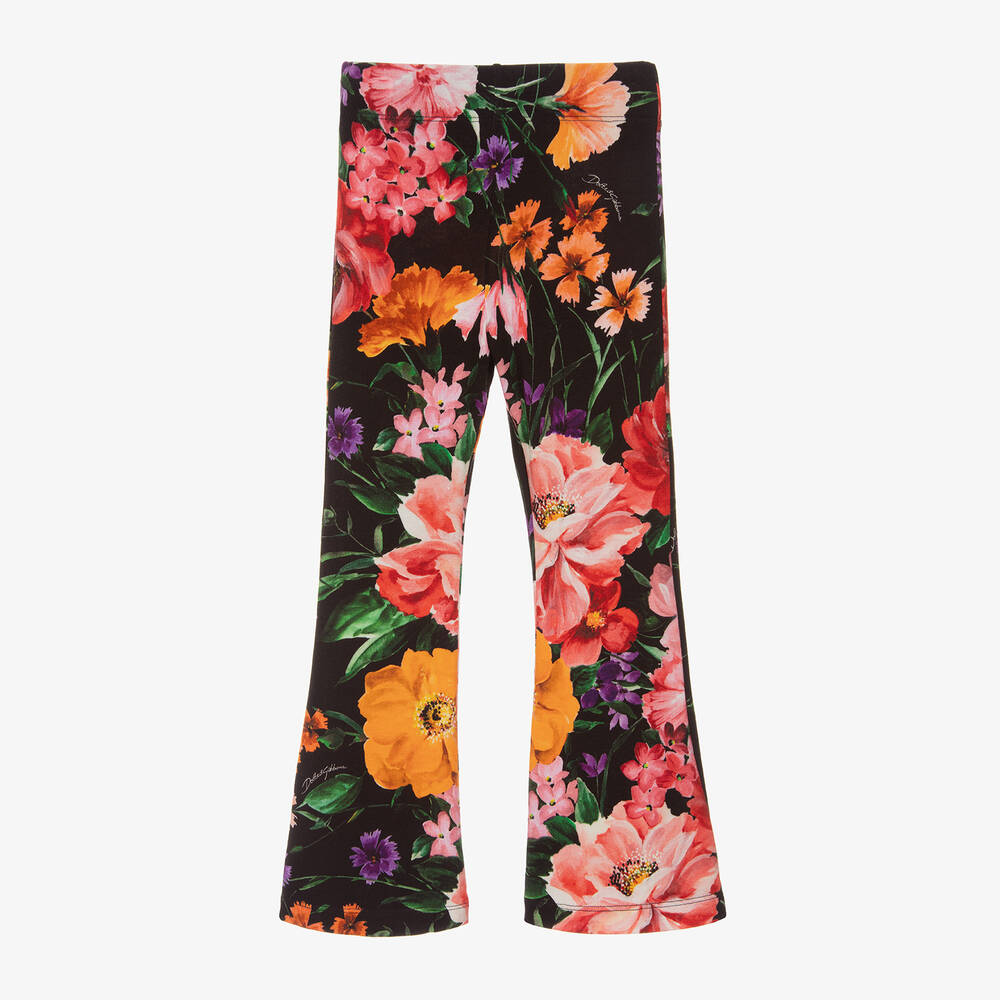 Dolce & Gabbana - Girls Black Viscose Floral Flared Leggings | Childrensalon