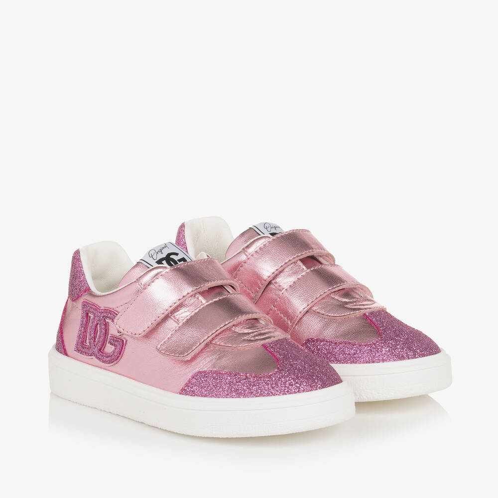 Dolce & Gabbana - Girls Glittery Pink Leather Velcro Trainers | Childrensalon