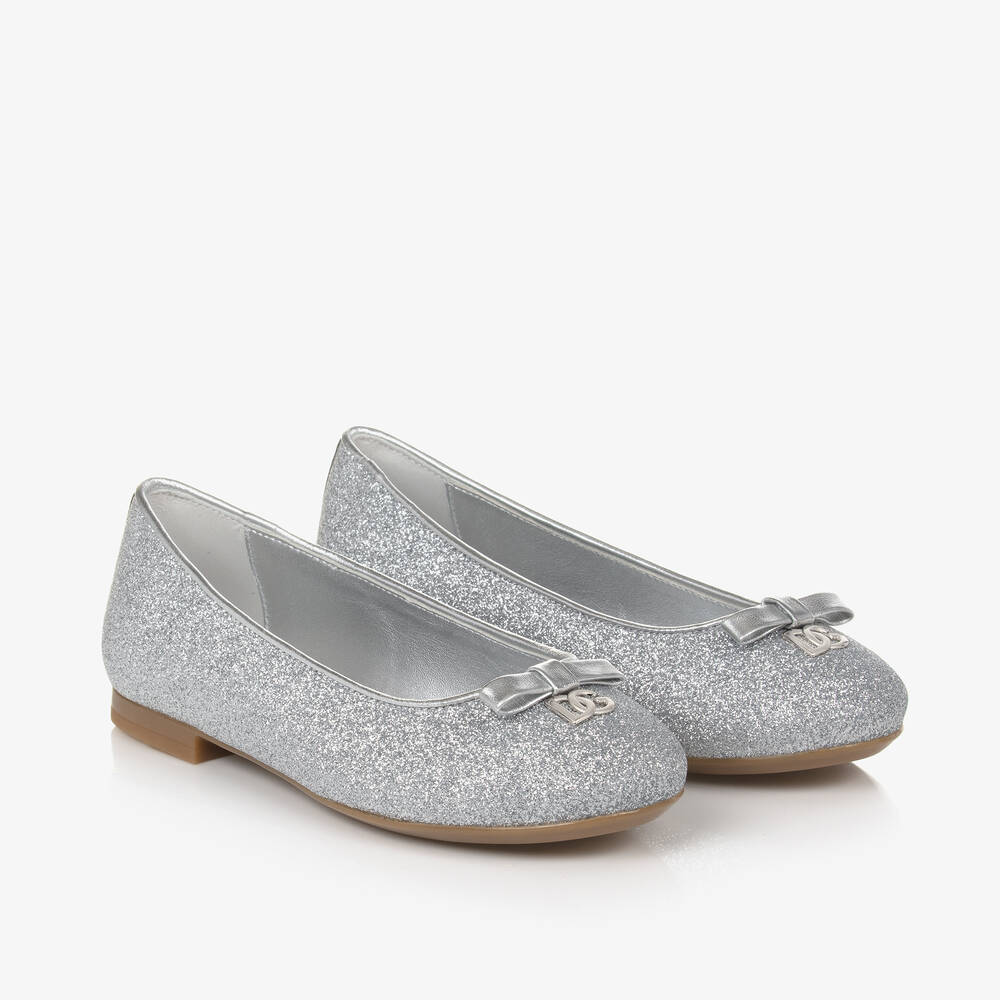 Dolce & Gabbana - Girls Glittery Silver Leather DG Pumps | Childrensalon