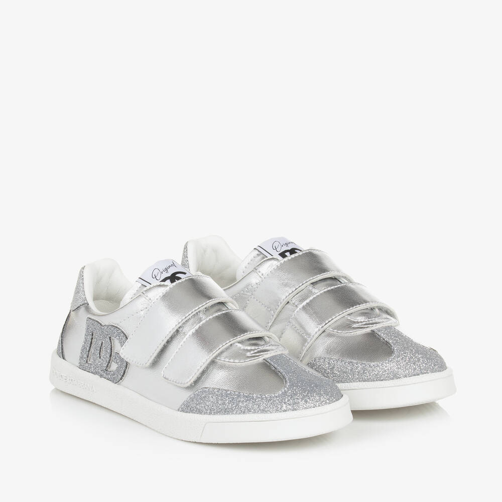 Dolce & Gabbana - Girls Glittery Silver Leather Velcro Trainers | Childrensalon