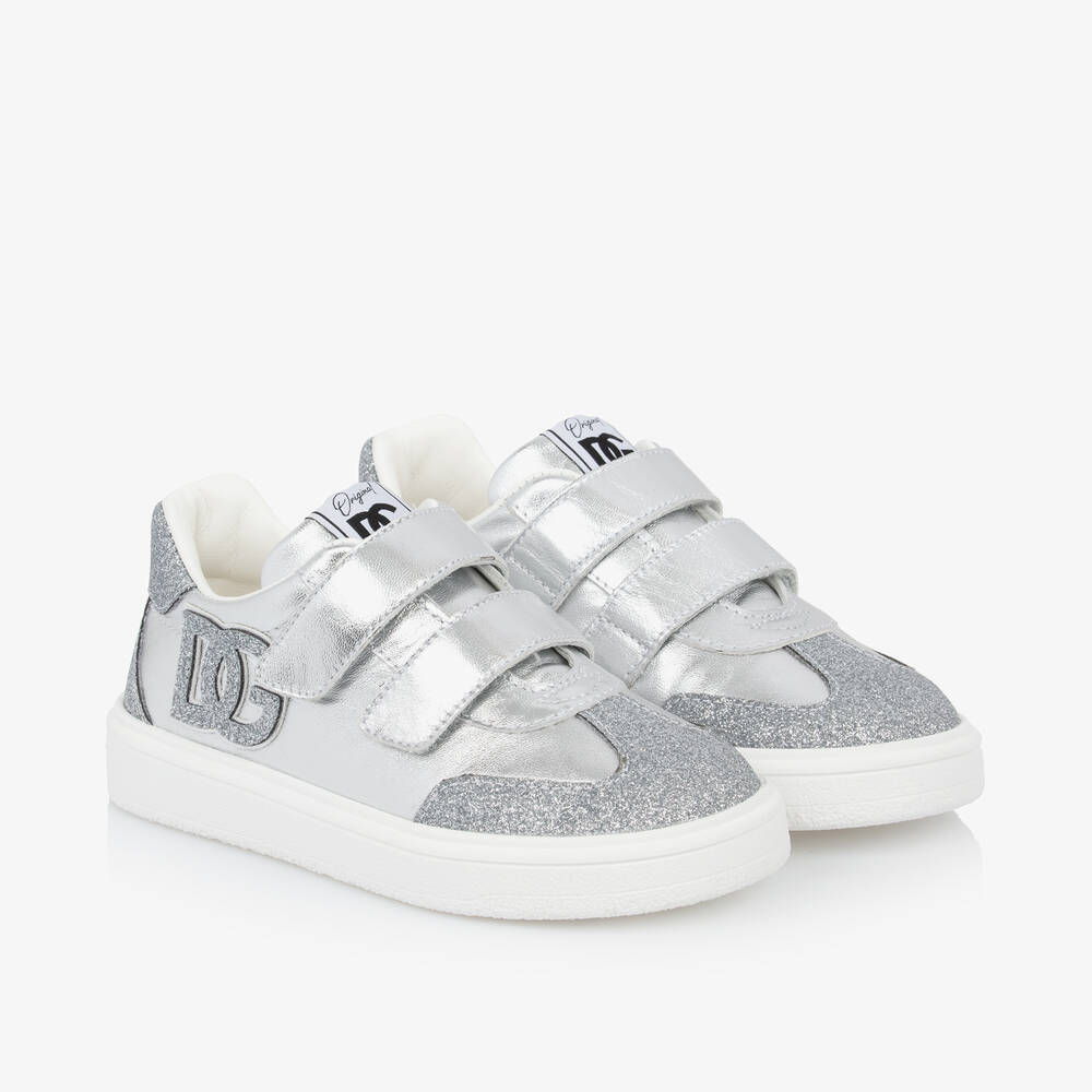 Dolce & Gabbana - Girls Glittery Silver Leather Velcro Trainers | Childrensalon