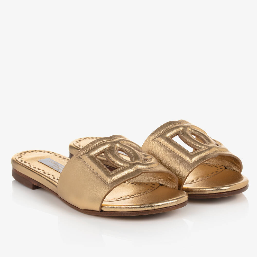 Dolce & Gabbana - Girls Gold Leather DG Sliders | Childrensalon