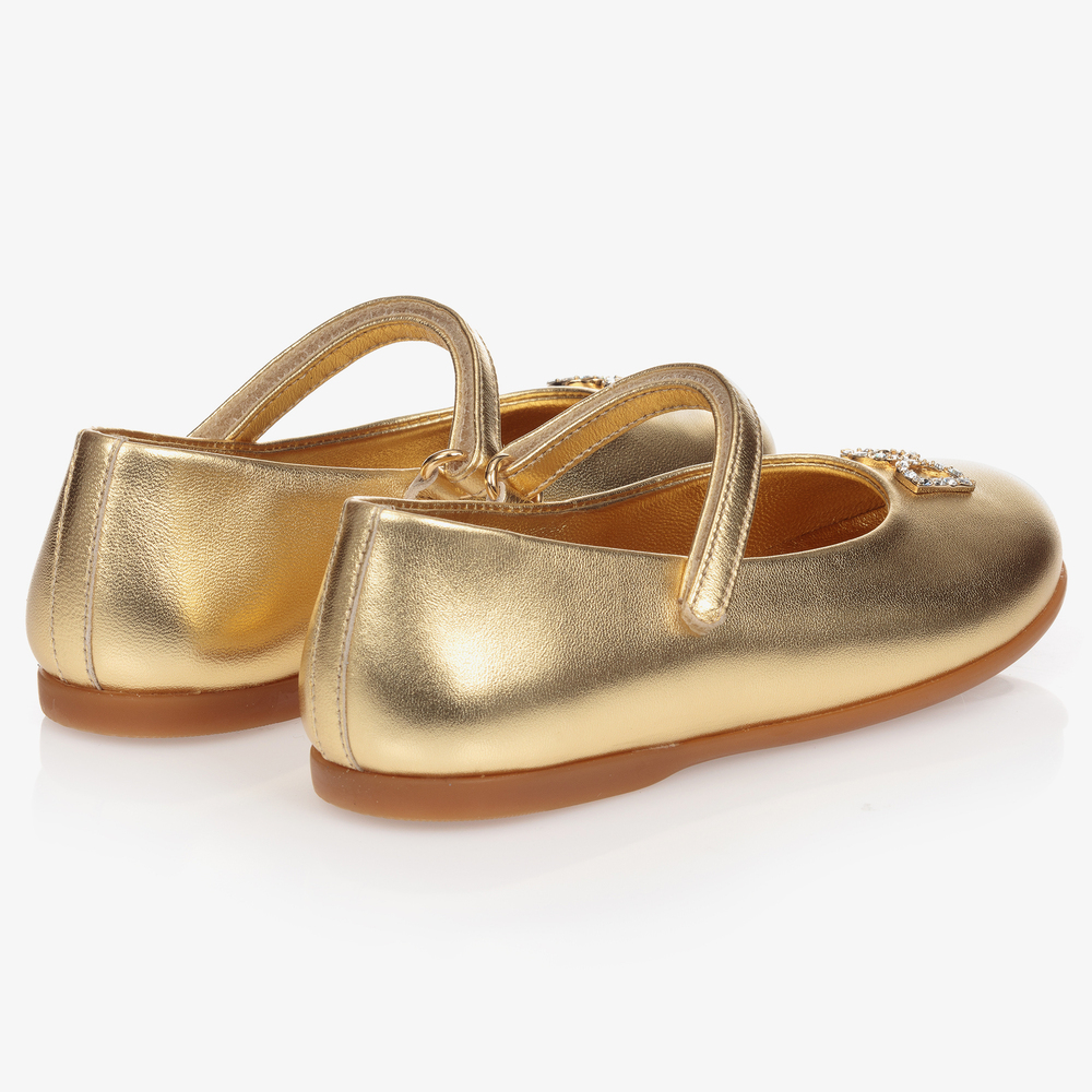 Dolce & Gabbana - Girls Gold Leather Logo Shoes | Childrensalon
