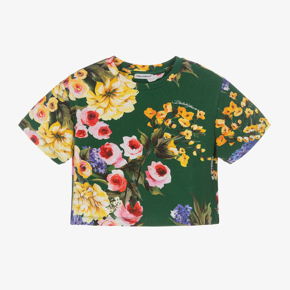 Dolce & Gabbana - T-shirt vert en coton à fleurs fille | Childrensalon