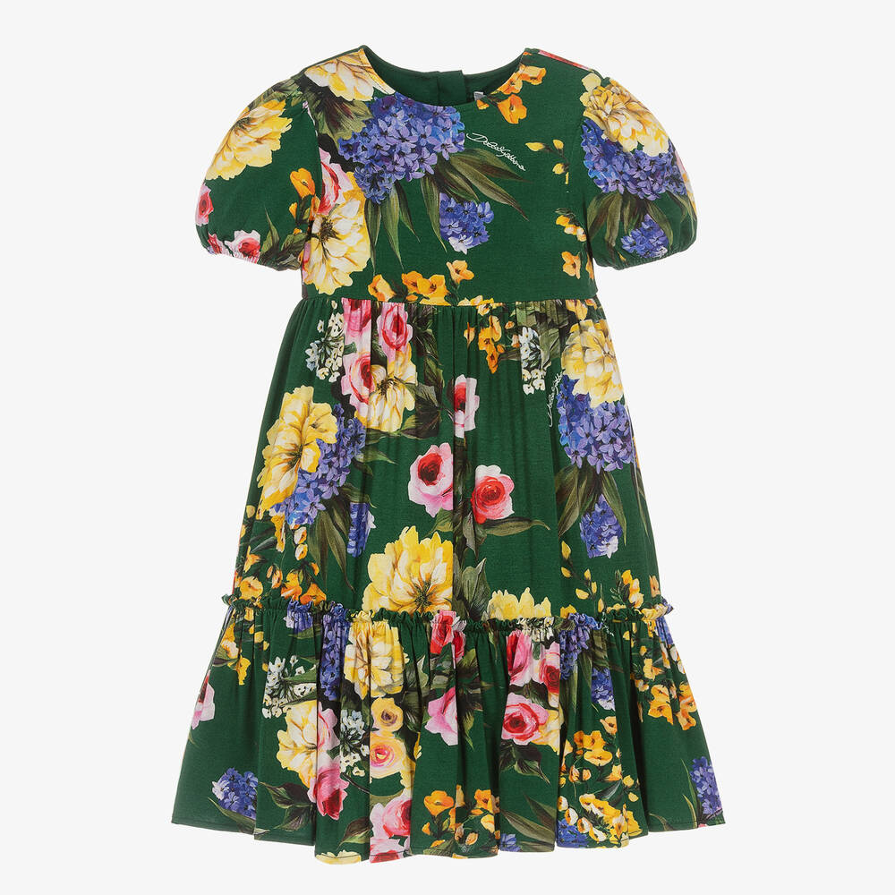 Dolce & Gabbana - Зеленое платье из джерси с цветами для девочек | Childrensalon