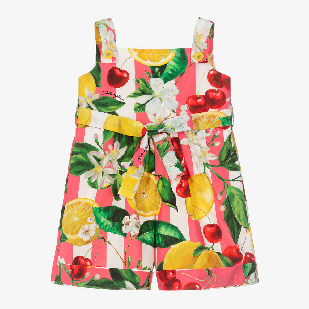 Dolce & Gabbana - Girls Lemon & Cherry Print Cotton Playsuit | Childrensalon