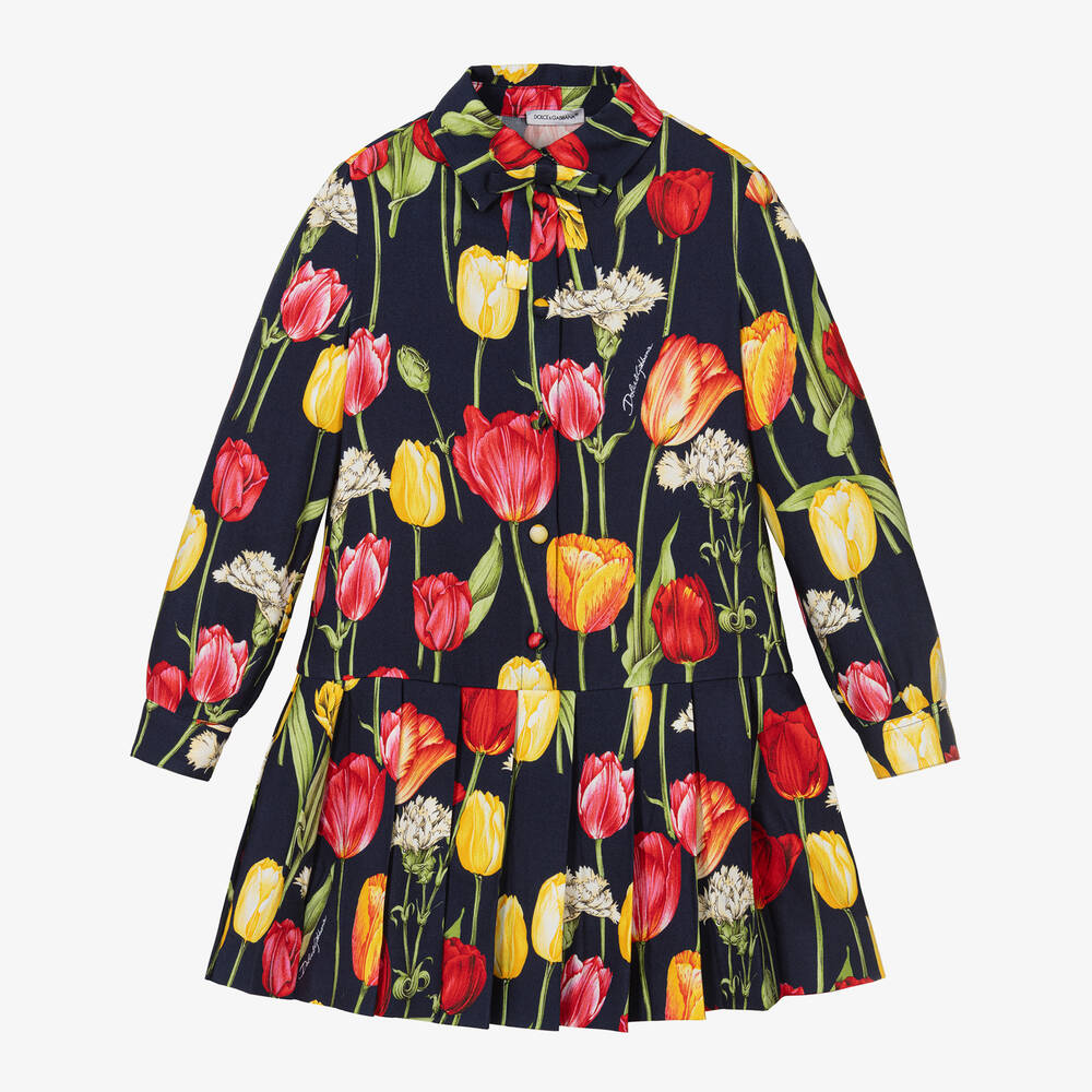 Dolce & Gabbana - Girls Navy Blue Viscose Tulip Print Dress | Childrensalon