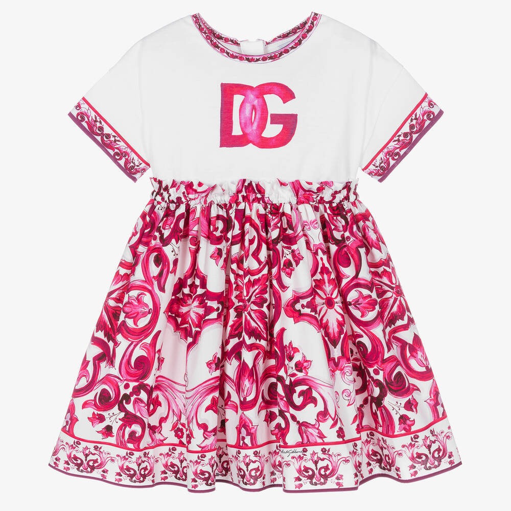 Dolce & Gabbana - Girls Pink Cotton DG Majolica Dress | Childrensalon