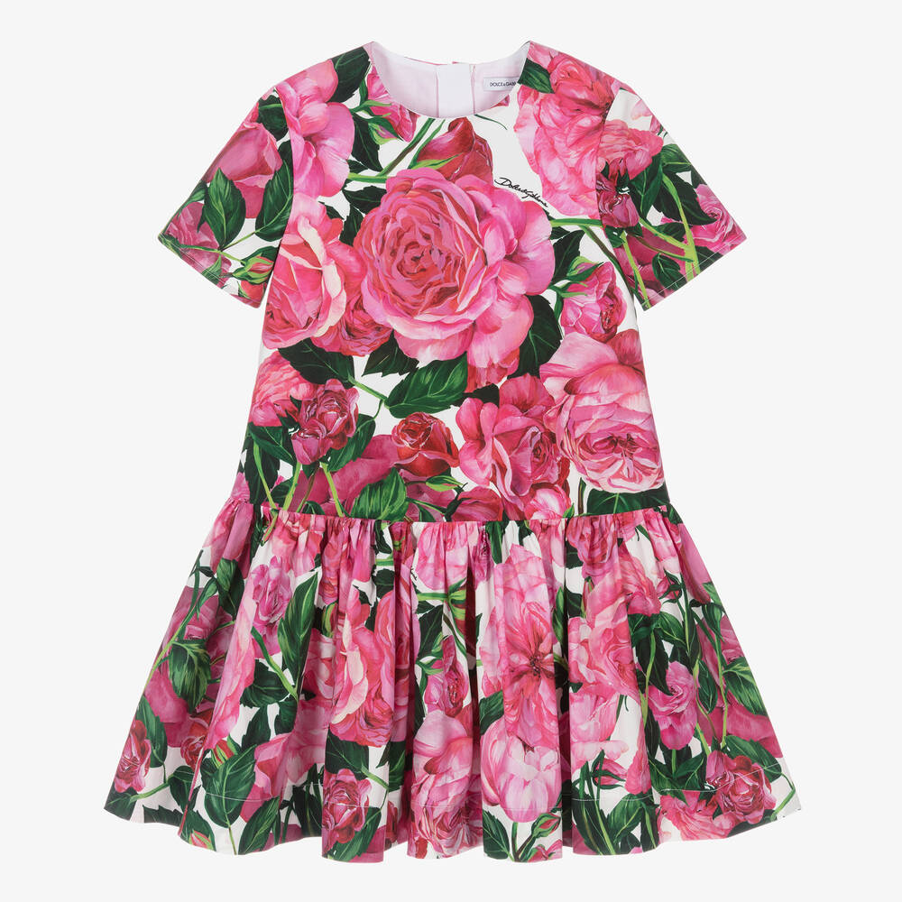 Dolce & Gabbana - Girls Pink Cotton Floral Dress | Childrensalon