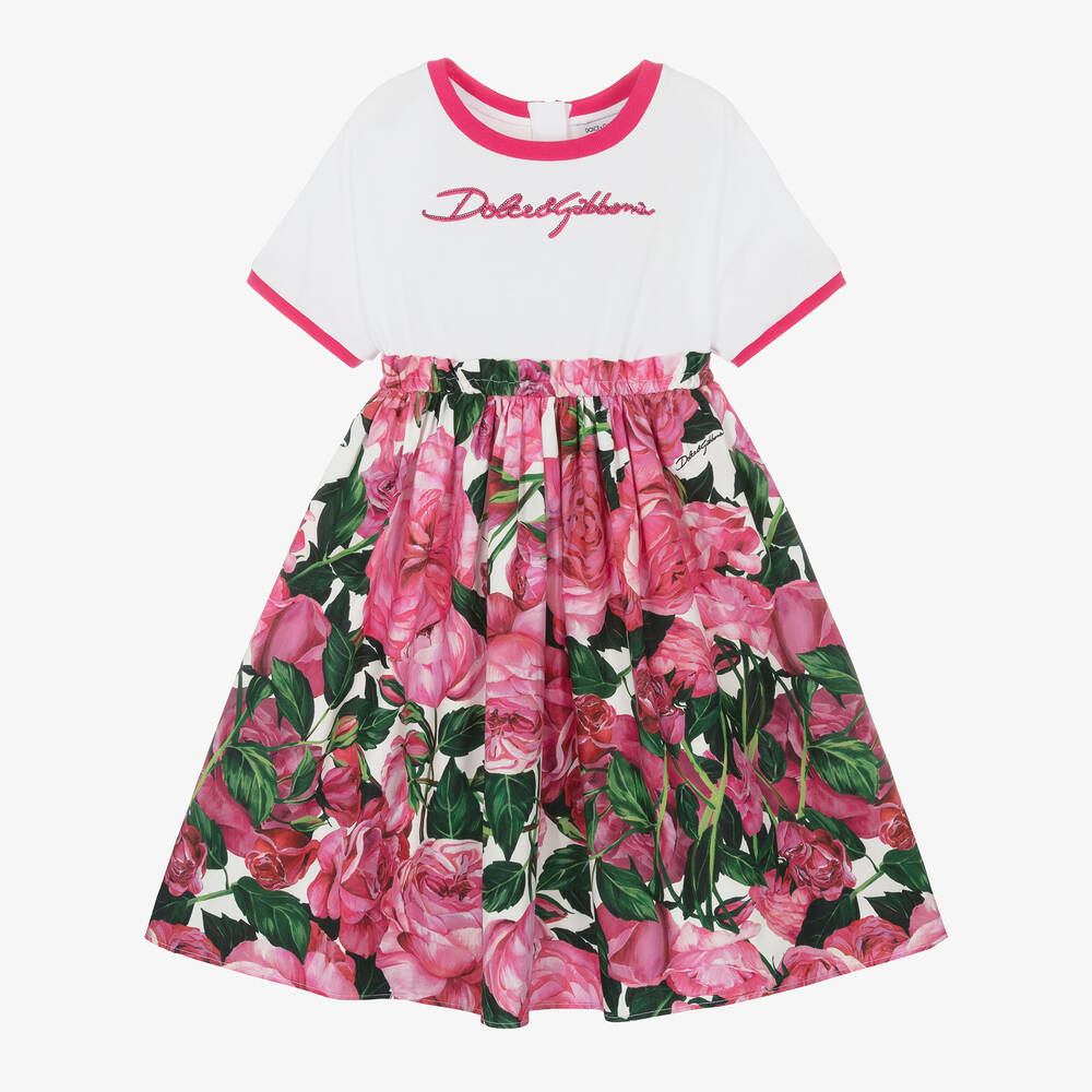 Dolce & Gabbana - Girls Pink Cotton Floral Dress | Childrensalon