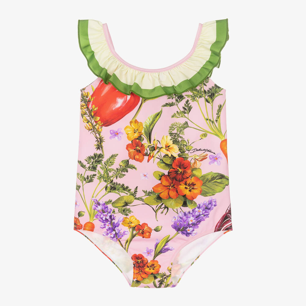 Dolce & Gabbana - Girls Pink Farmer Print Swimsuit | Childrensalon