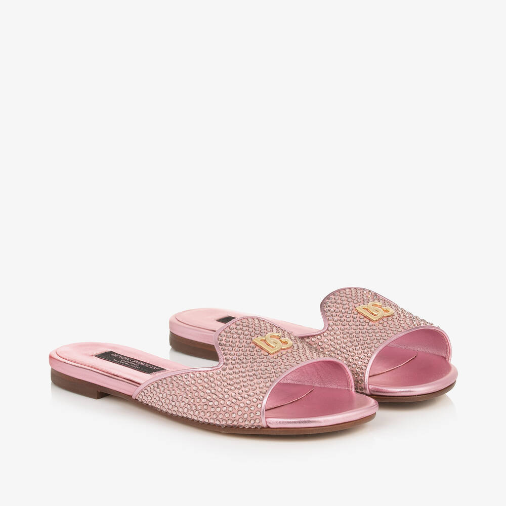 Dolce & Gabbana - Girls Pink Leather Rhinestones Sliders | Childrensalon