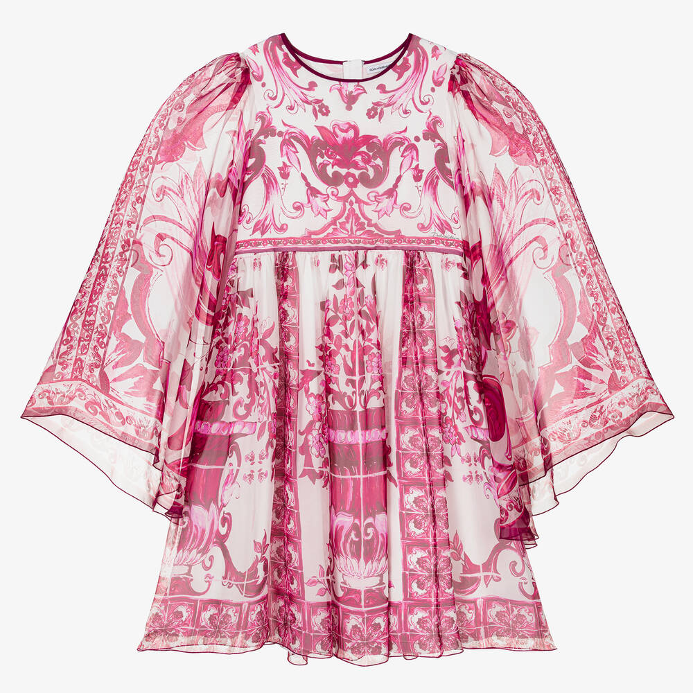 Dolce & Gabbana - Girls Pink Majolica Silk Chiffon Dress | Childrensalon