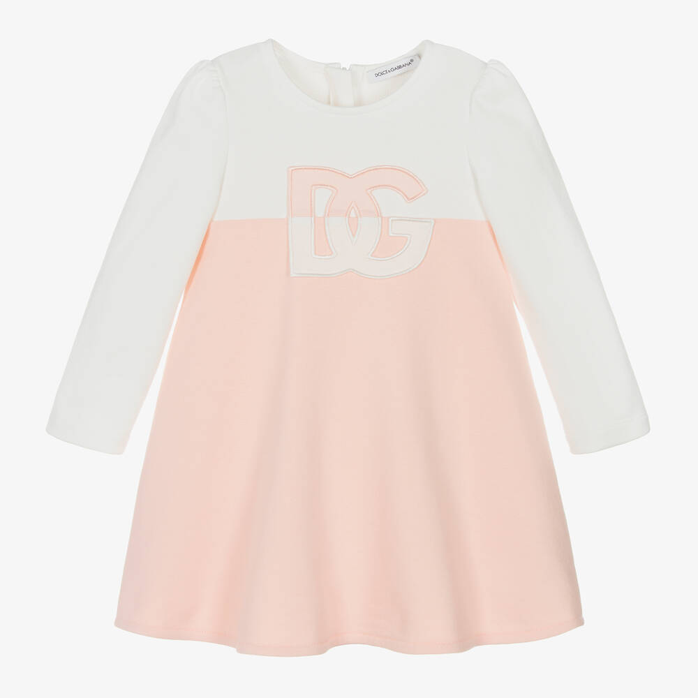 Dolce & Gabbana - فستان أطفال بناتي قطن جيرسي لون أبيض وزهري | Childrensalon