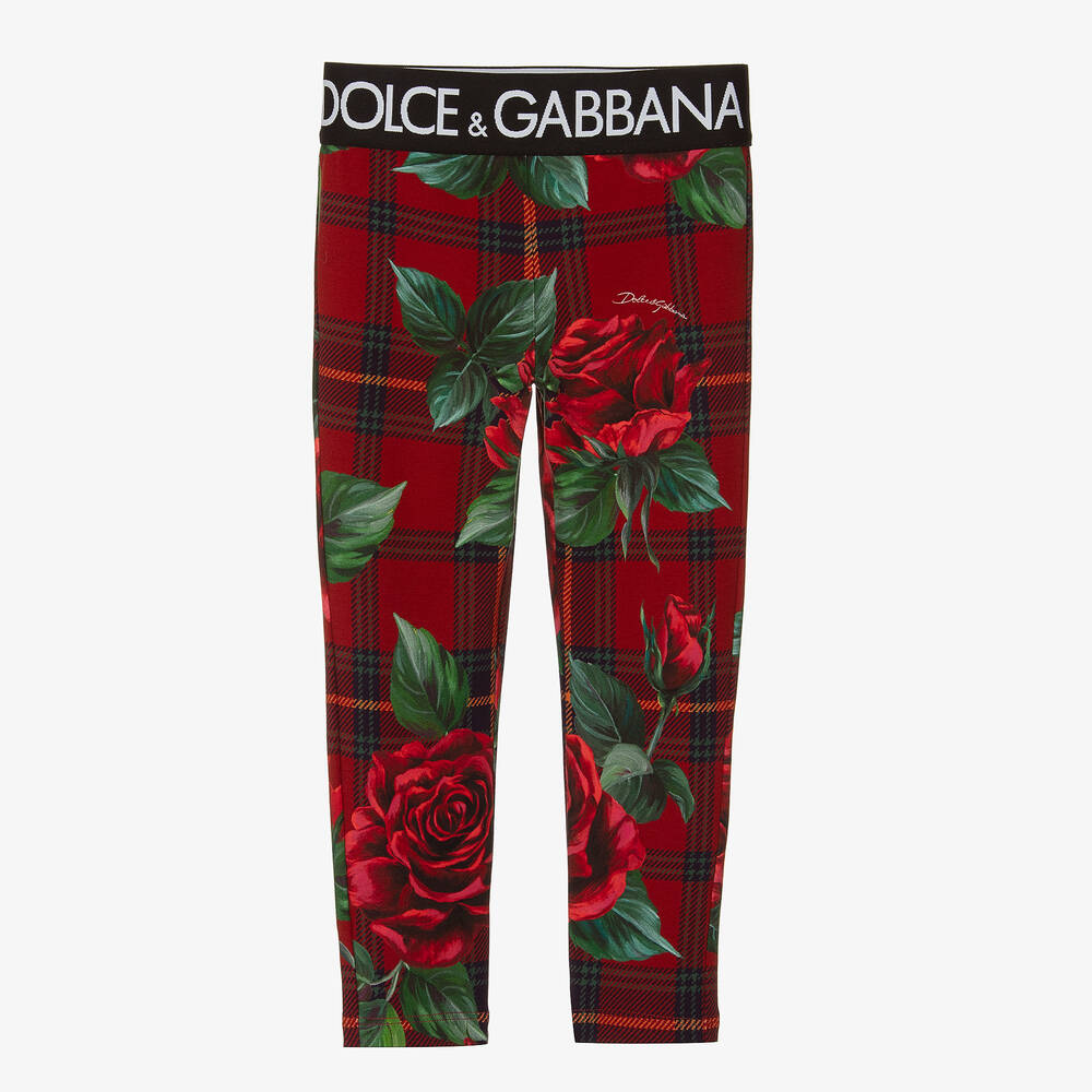 Dolce & Gabbana Kids' Girls Red Cotton Tartan & Rose Leggings