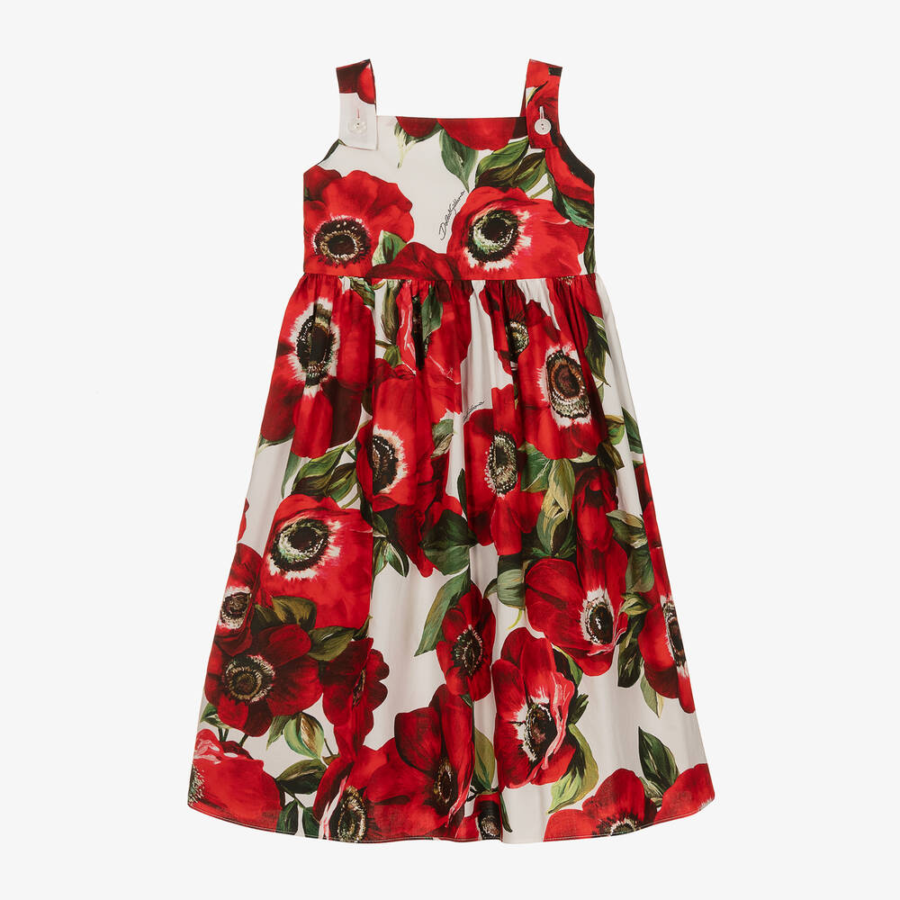 Dolce & Gabbana - فستان قطن بوبلين لون أحمر وأبيض | Childrensalon