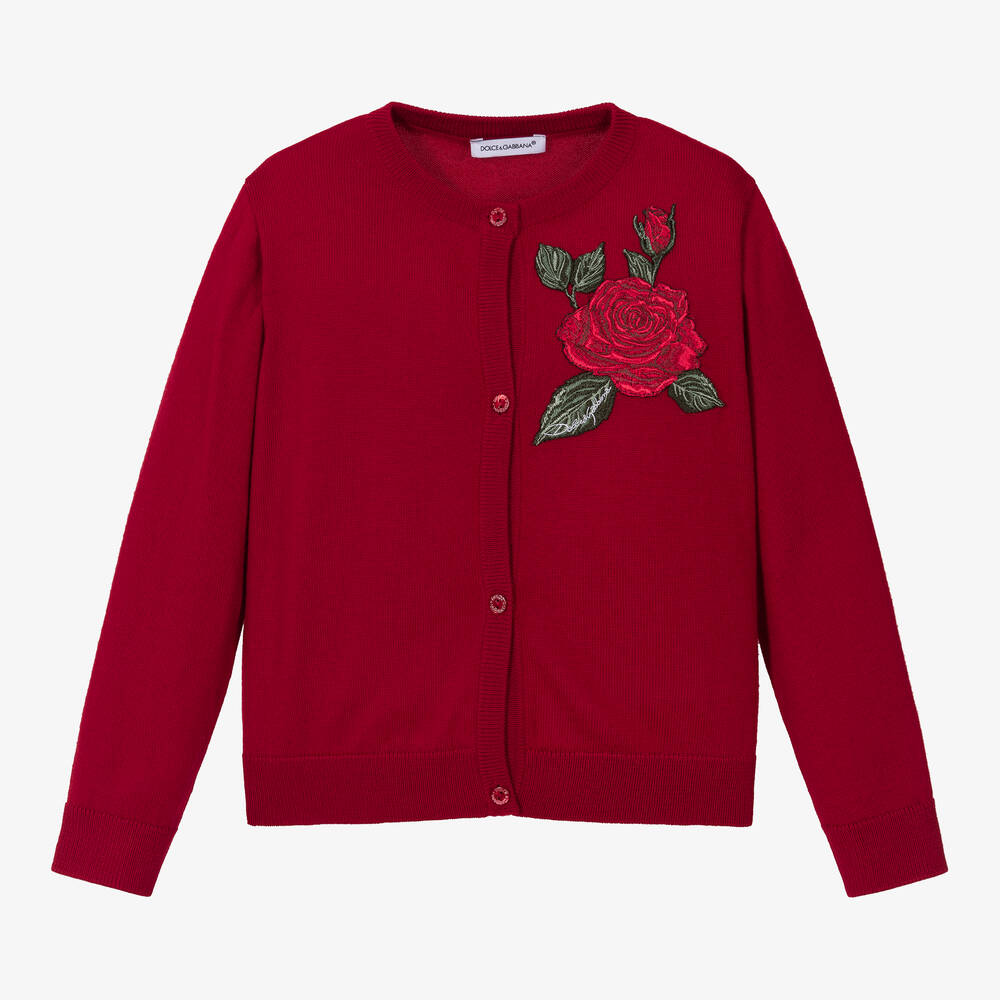 DOLCE & GABBANA GIRLS RED WOOL ROSE EMBROIDERED CARDIGAN