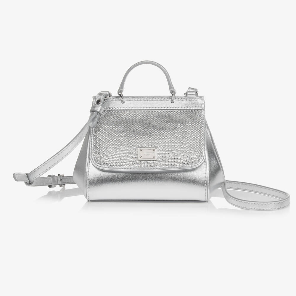 Dolce & Gabbana - حقيبة يد سيسلي جلد مزينة بكريستال لون فضي (30 سم) | Childrensalon