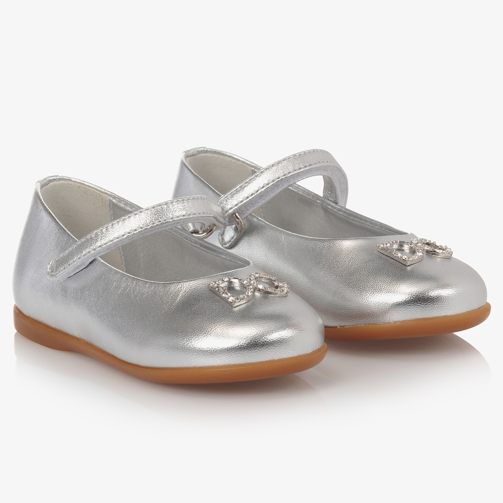 Dolce & Gabbana - Girls Silver Leather Logo Shoes | Childrensalon