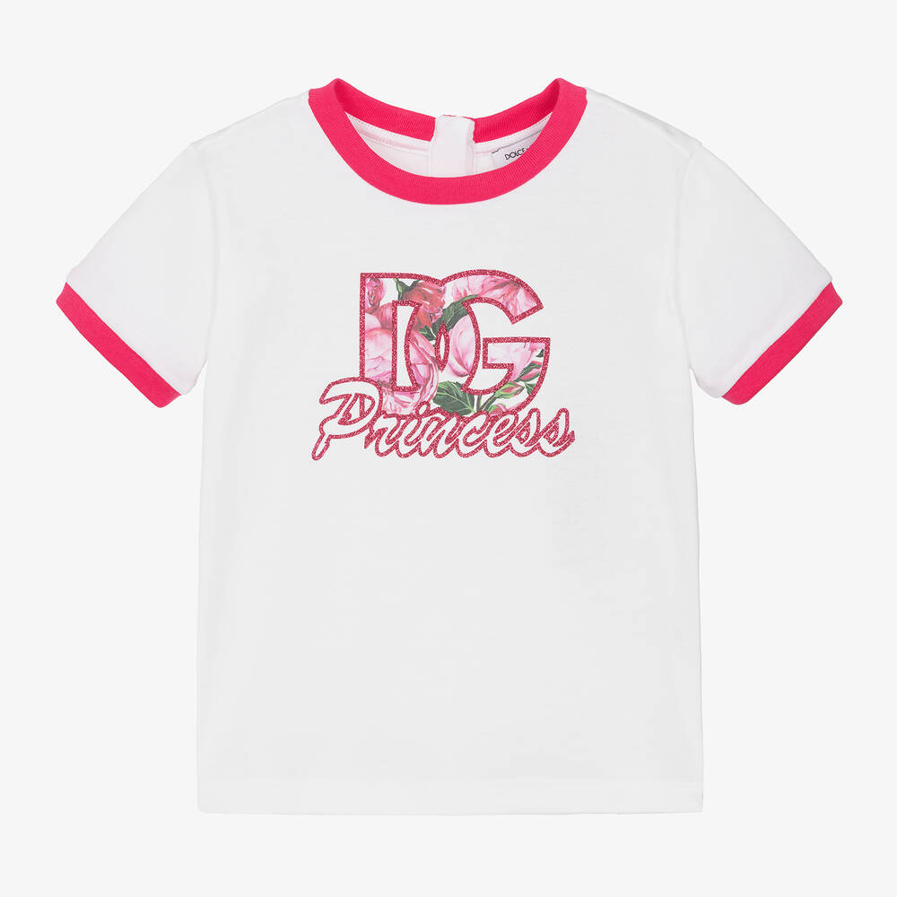 Dolce & Gabbana - Girls White Cotton DG Princess T-Shirt | Childrensalon