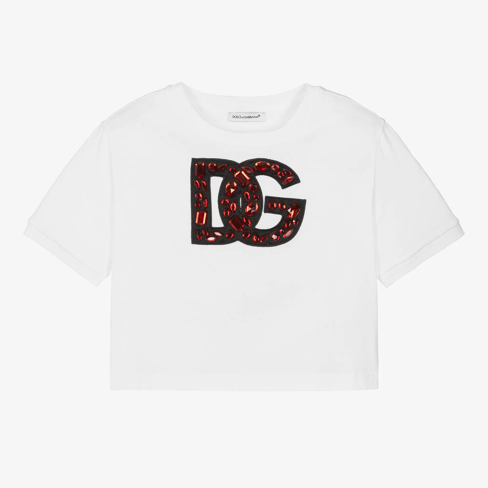 Dolce & Gabbana Kids' Girl's Rhinestone Embellished Interlocked Logo-print T-shirt In White