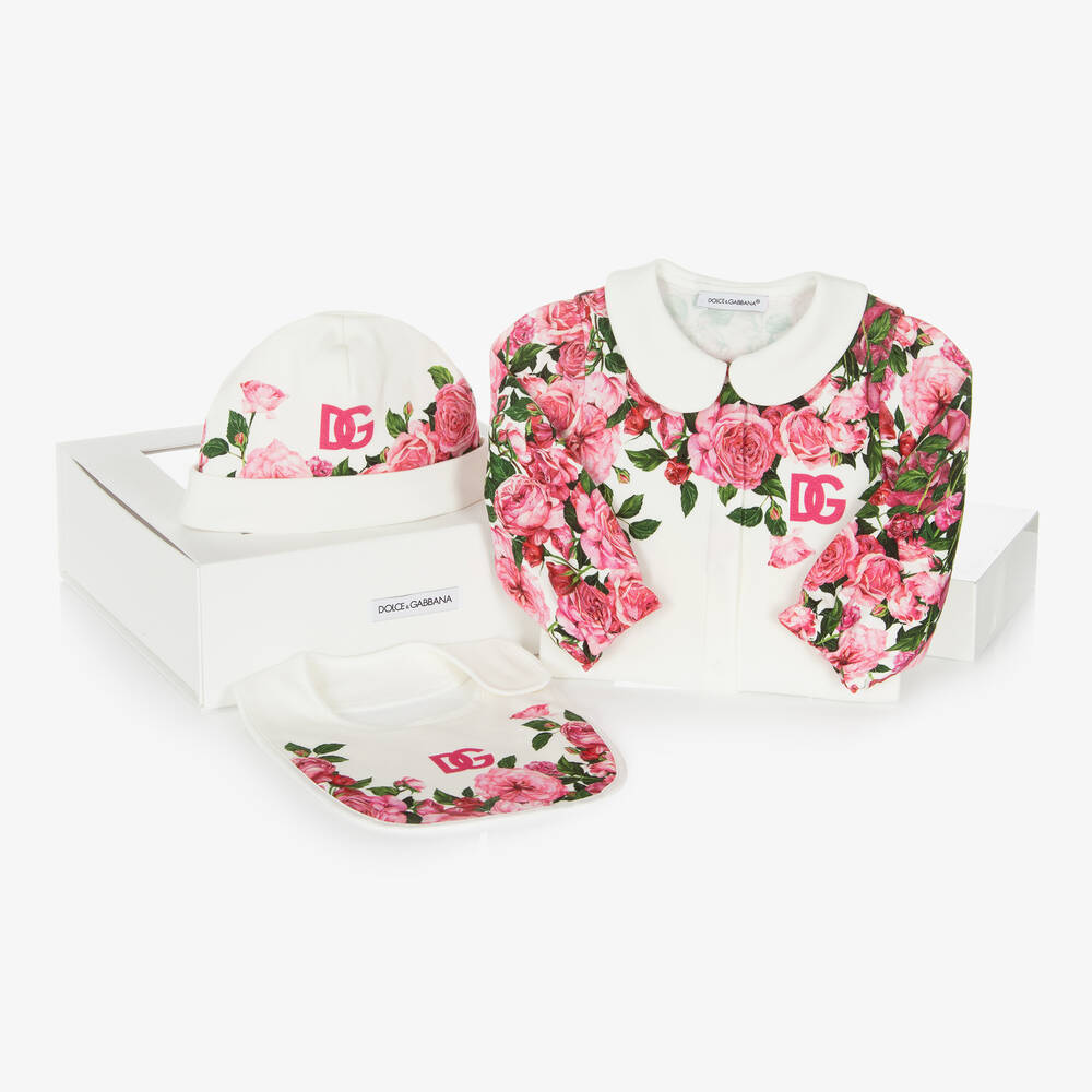 Dolce & Gabbana - Girls White Cotton Floral Babysuit Set | Childrensalon