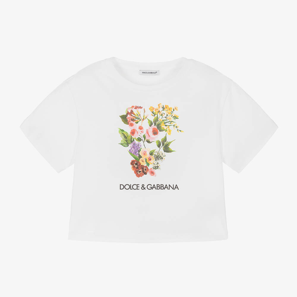 Dolce & Gabbana - تيشيرت قطن لون أبيض بطبعة ورود للبنات | Childrensalon