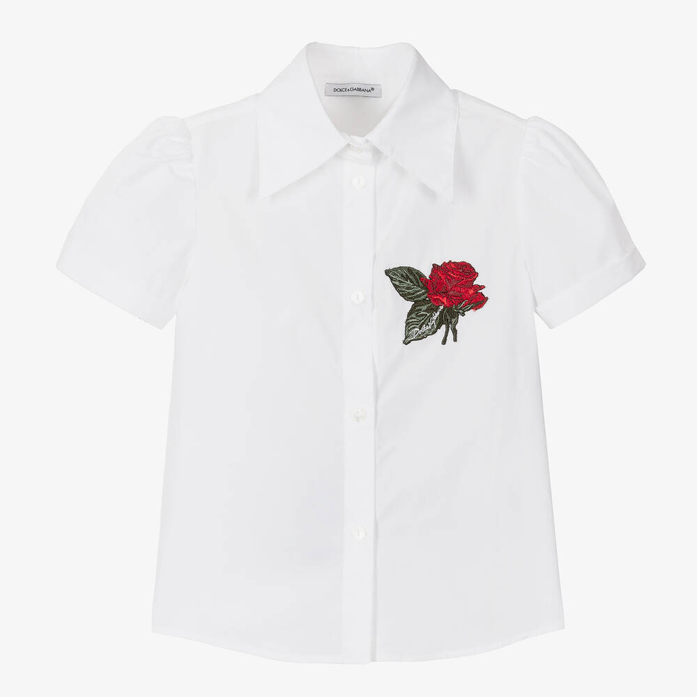 Dolce & Gabbana Kids' Girls White Cotton Poplin Rose Blouse