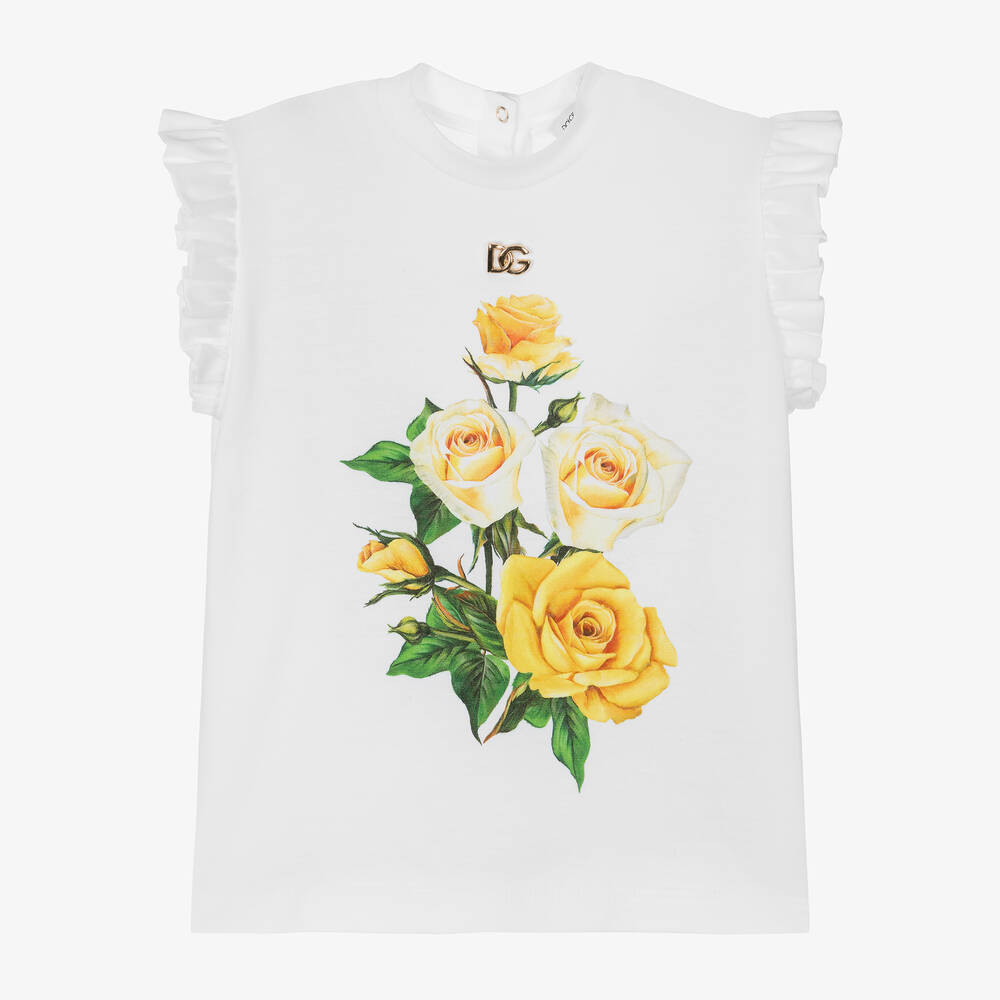 Dolce & Gabbana - Girls White Cotton Rose Print T-Shirt | Childrensalon
