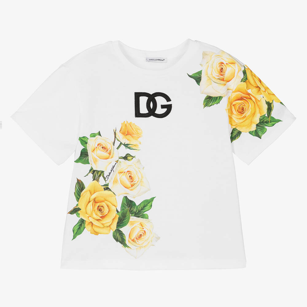 Dolce & Gabbana - Girls White Cotton Rose Print T-Shirt | Childrensalon