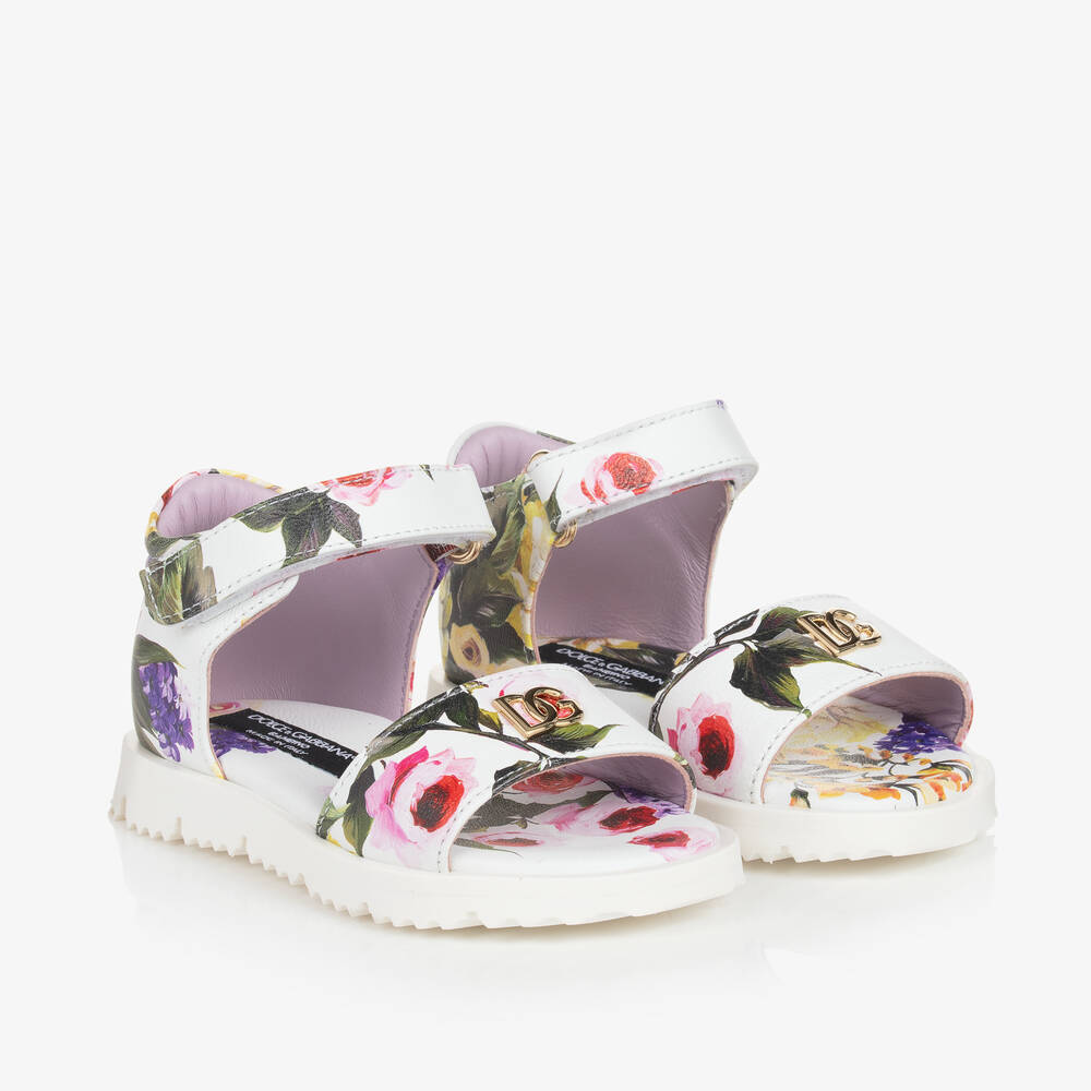 Dolce & Gabbana - Girls White Floral Leather Sandals | Childrensalon