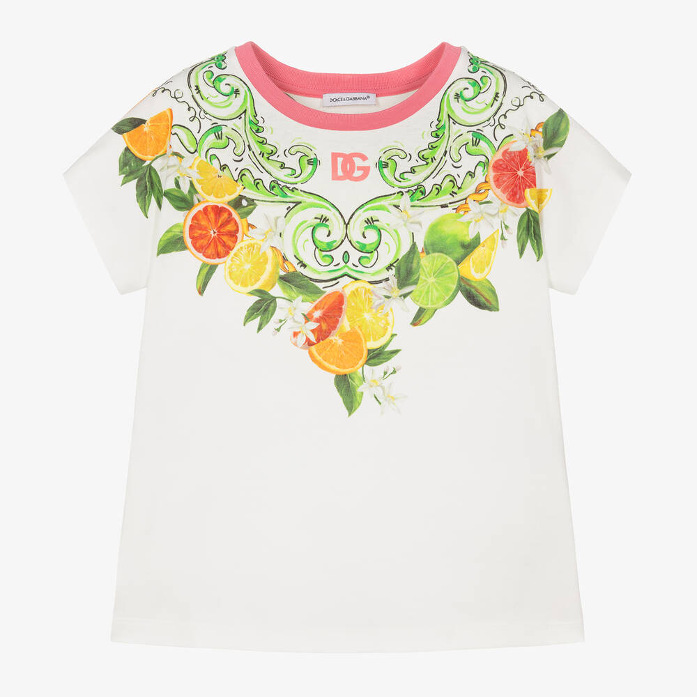 Dolce & Gabbana - Girls White Fruit Print Cotton T-Shirt | Childrensalon