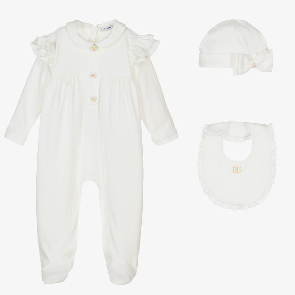 Shop Dolce & Gabbana Girls White & Gold Cotton Babygrow Gift Set
