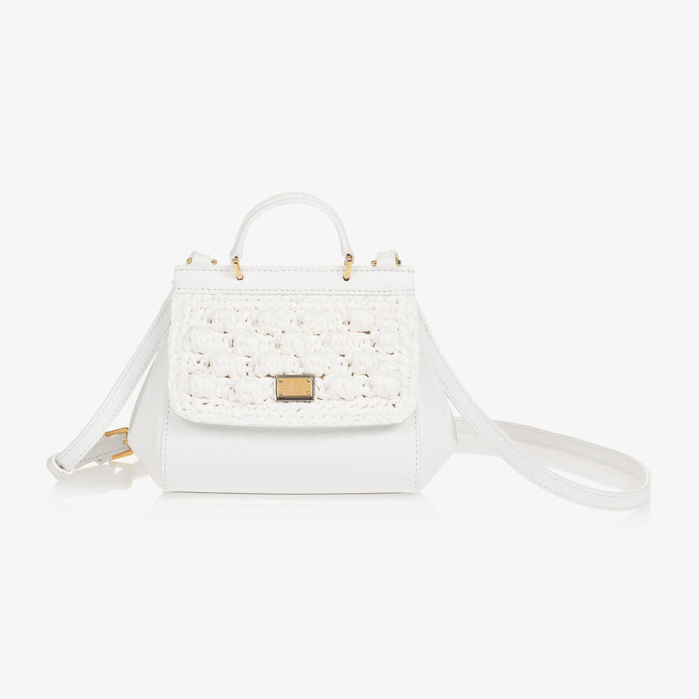 Dolce & Gabbana - حقيبة يد كروشيه مزيج جلد وفيسكوز لون أبيض للبنات (14 سم) | Childrensalon