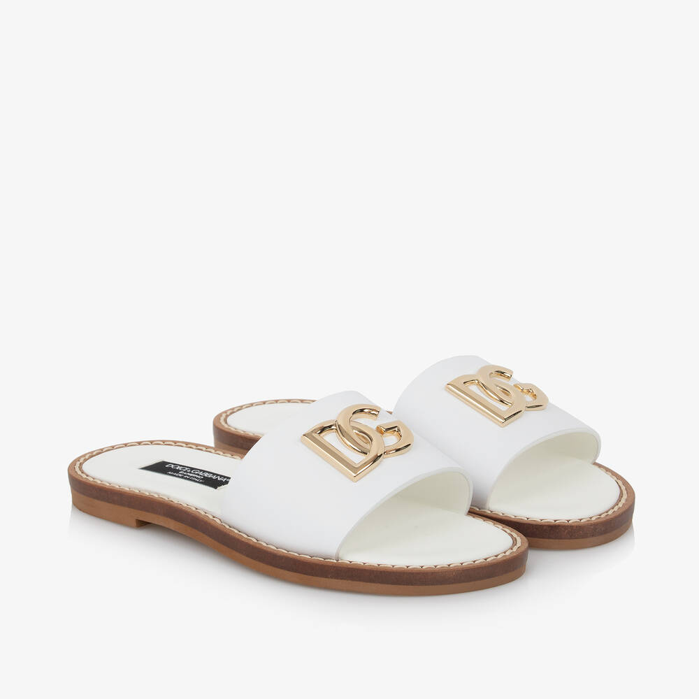 Dolce & Gabbana - Girls White Leather DG Sliders | Childrensalon